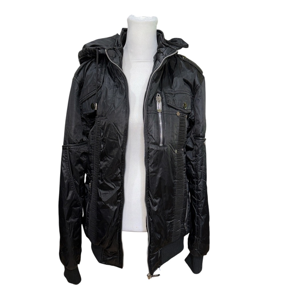F.U.S.A.I. Mens Utility Bomber Jacket Black Faux Fur Lined Hooded Streetwear M